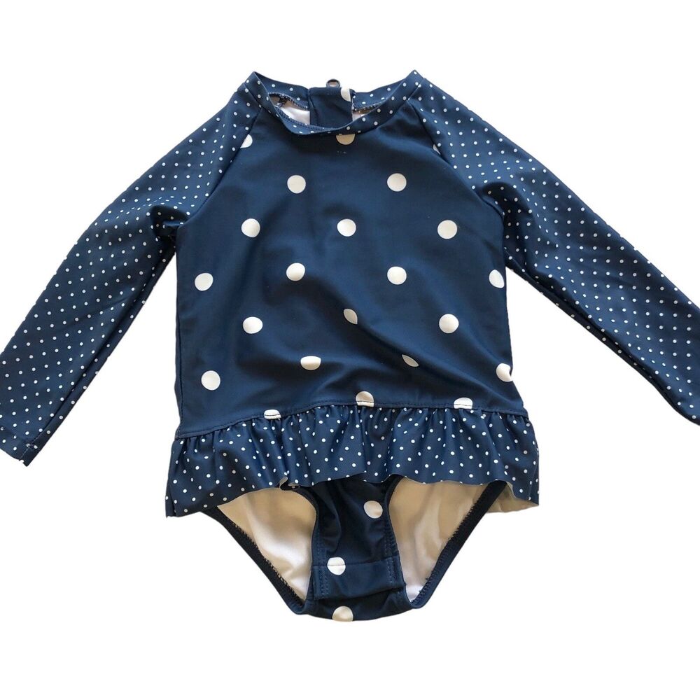 Oshkosh 12 Mo Infant Girl Rashguard Swimsuit Long Sleeve One Piece Blue & white